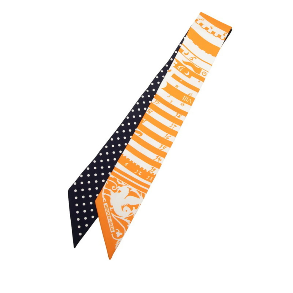Hermes Twilly Astrology Dot Scarf (Astrologie a Pois) Orange Navy Silk Women'...
